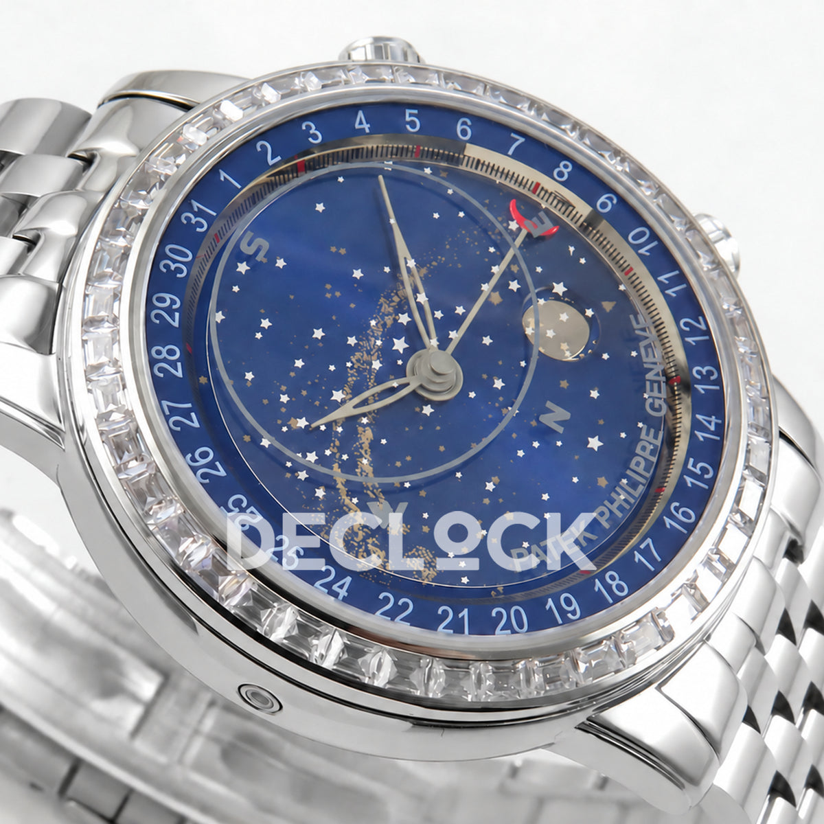 Patek Philippe Celestial 6102 BLSF replica with blue dial, gem-set bezel and steel bracelet — opposite low-angle dial