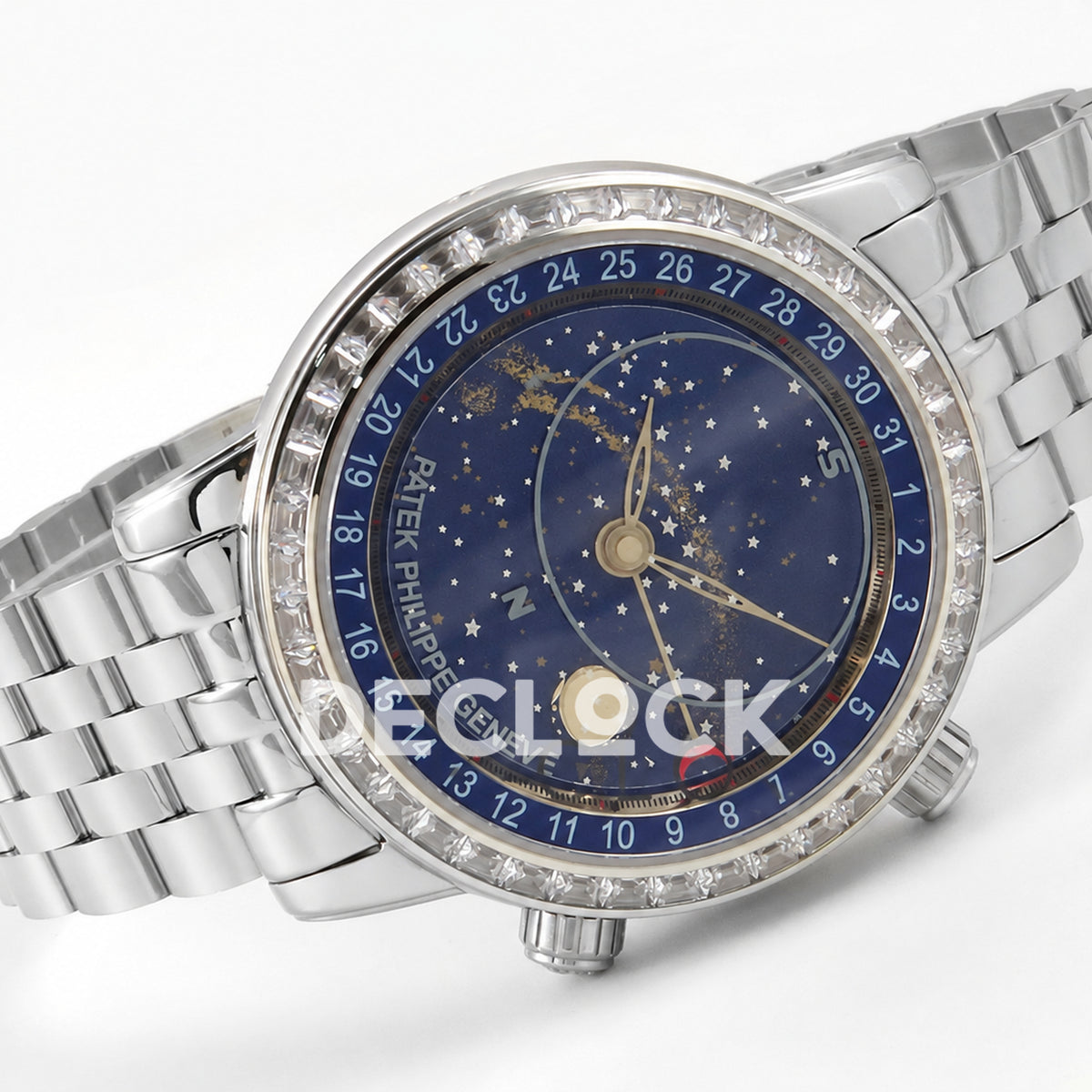 Patek Philippe Celestial 6102 BLSF replica with blue dial, gem-set bezel and steel bracelet — horizontal front view