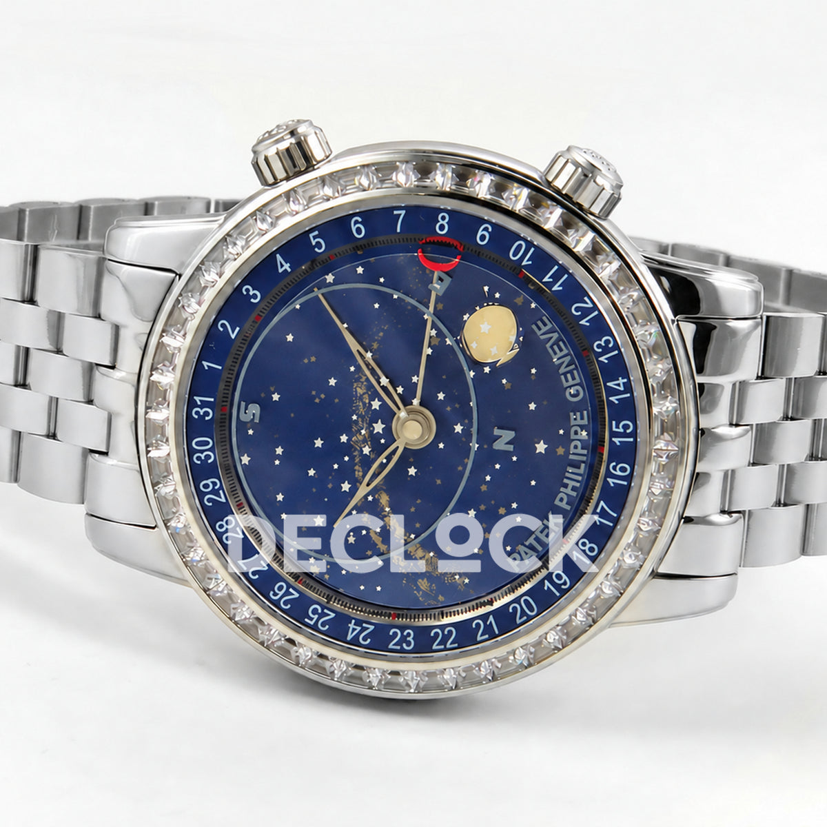Patek Philippe Celestial 6102 BLSF replica with blue dial, gem-set bezel and steel bracelet — opposite horizontal front view