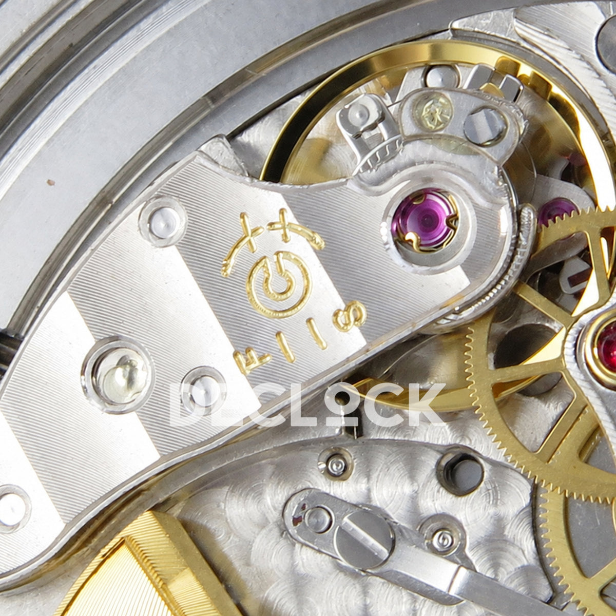 Patek Philippe Celestial 6102 BLSF replica with blue dial, gem-set bezel and steel bracelet — balance bridge macro
