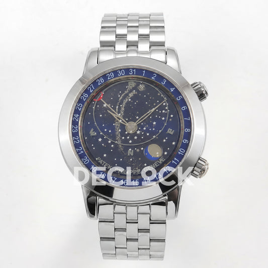 Patek Philippe Celestial 6102 BLSF replica with blue dial and steel bracelet — full front view