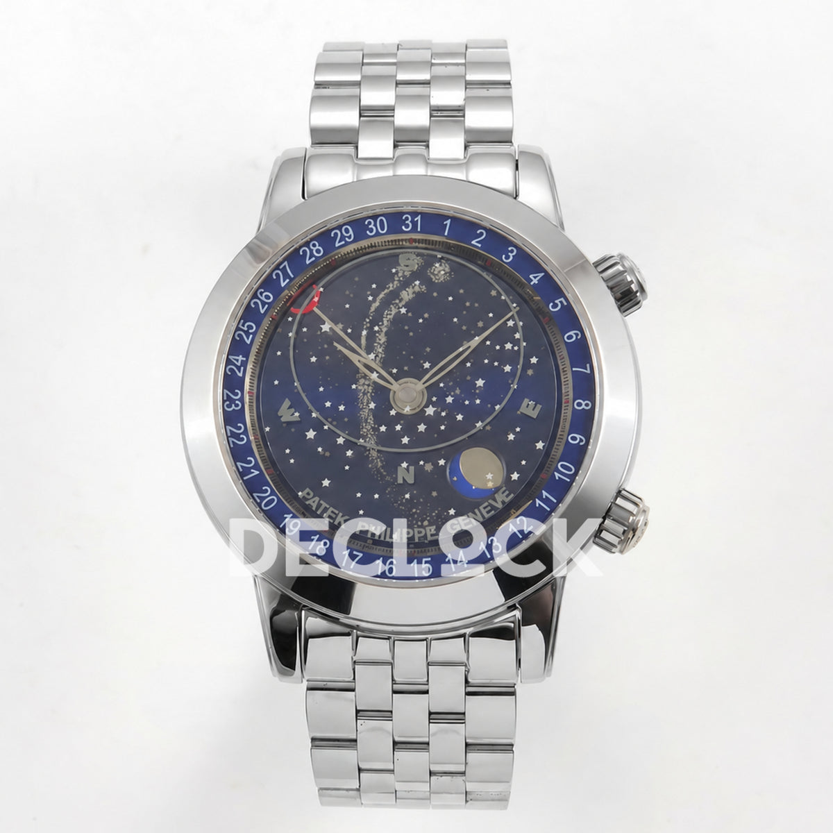 Patek Philippe Celestial 6102 BLSF replica with blue dial and steel bracelet — full front view