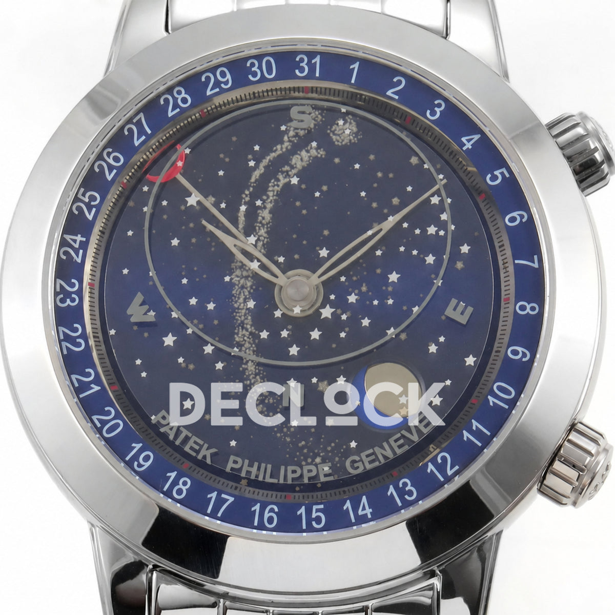 Patek Philippe Celestial 6102 BLSF replica with blue dial and steel bracelet — front dial close-up