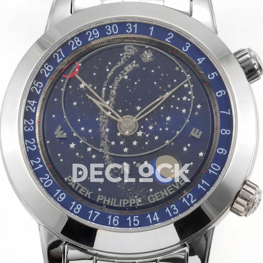Patek Philippe Celestial 6102 BLSF replica with blue dial and steel bracelet — front dial close-up