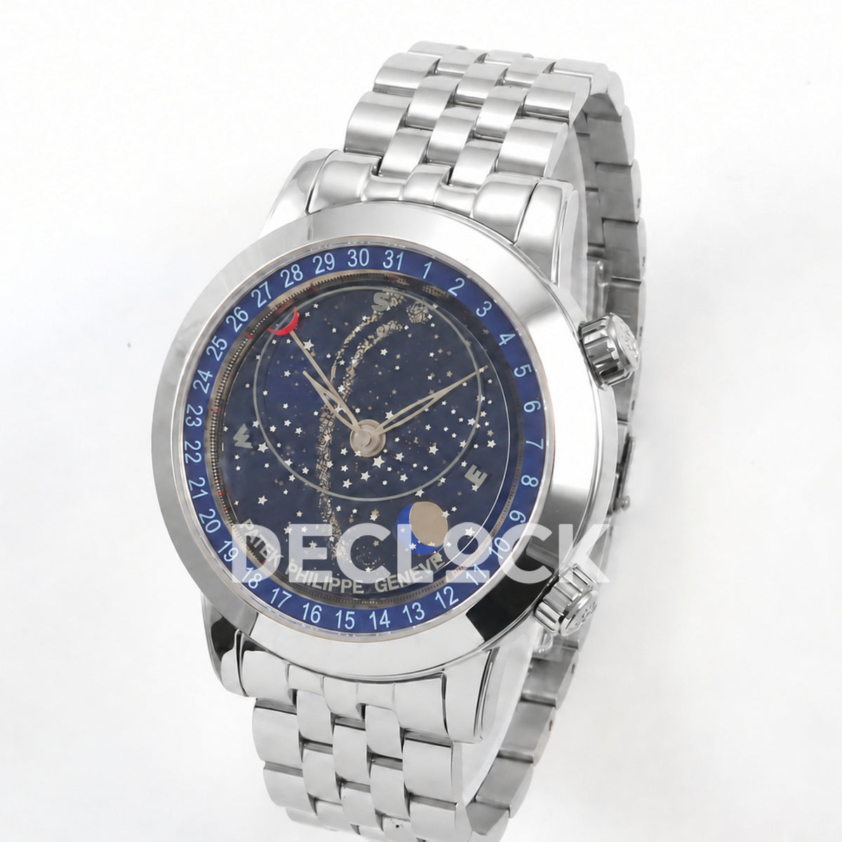 Patek Philippe Celestial 6102 BLSF replica with blue dial and steel bracelet — angled front view