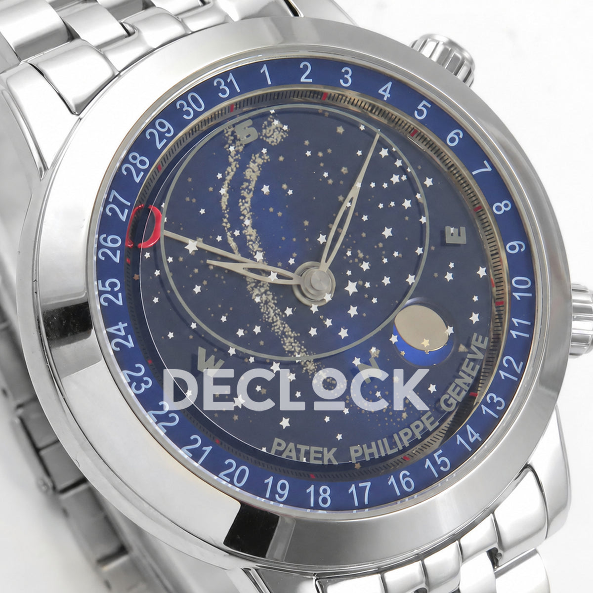 Patek Philippe Celestial 6102 BLSF replica with blue dial and steel bracelet — dial close-up from above