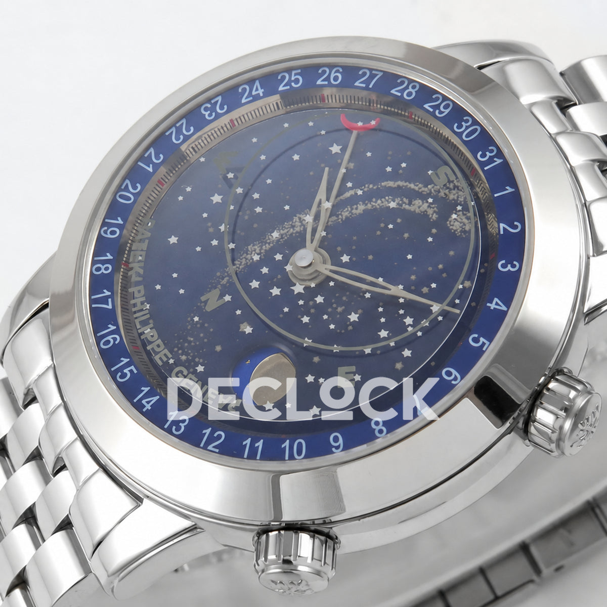 Patek Philippe Celestial 6102 BLSF replica with blue dial and steel bracelet — low-angle crown-side dial