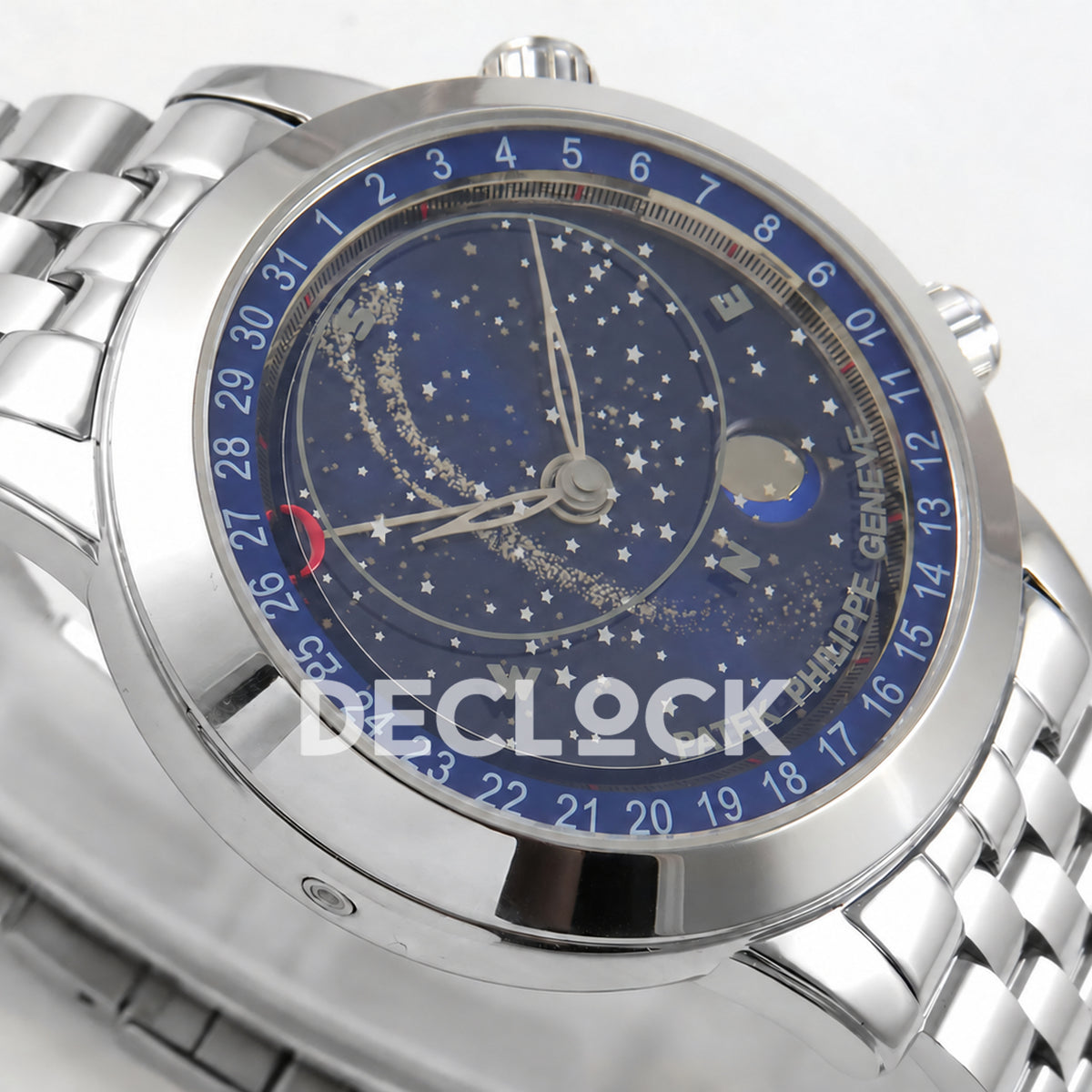 Patek Philippe Celestial 6102 BLSF replica with blue dial and steel bracelet — opposite low-angle dial