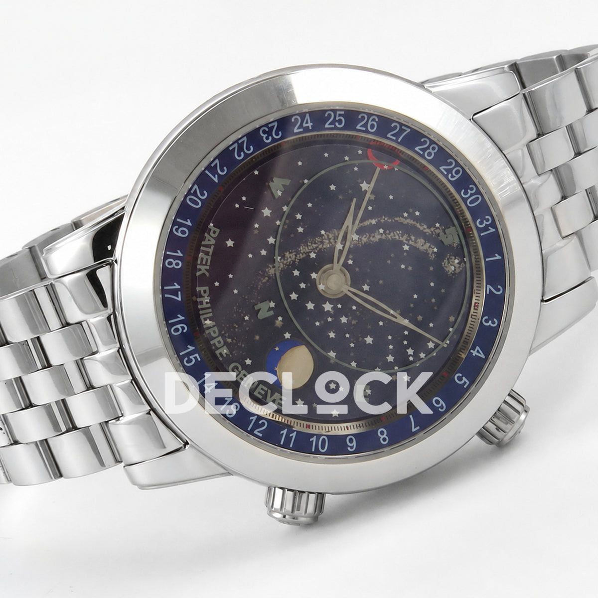 Patek Philippe Celestial 6102 BLSF replica with blue dial and steel bracelet — horizontal front view
