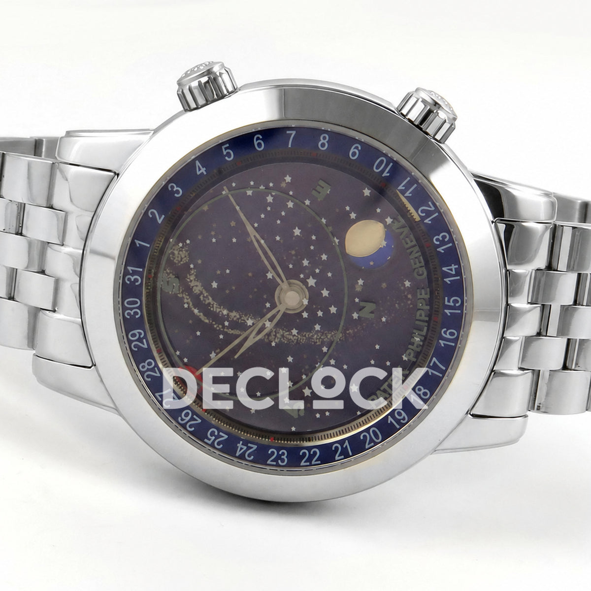 Patek Philippe Celestial 6102 BLSF replica with blue dial and steel bracelet — opposite horizontal front view