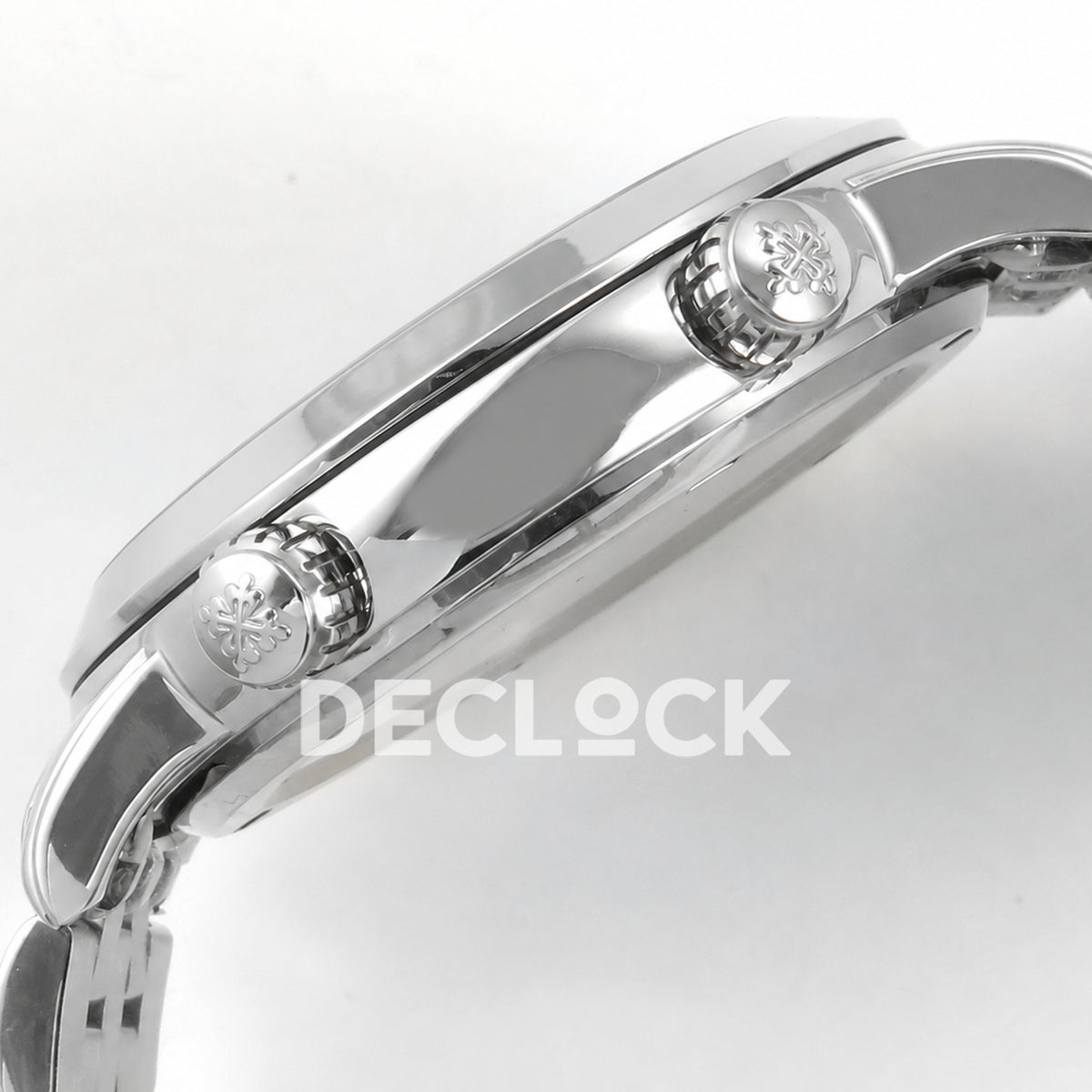 Patek Philippe Celestial 6102 BLSF replica with blue dial and steel bracelet — dual-crown case profile