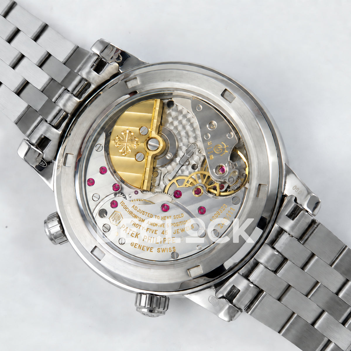 Patek Philippe Celestial 6102 BLSF replica with blue dial and steel bracelet — transparent caseback