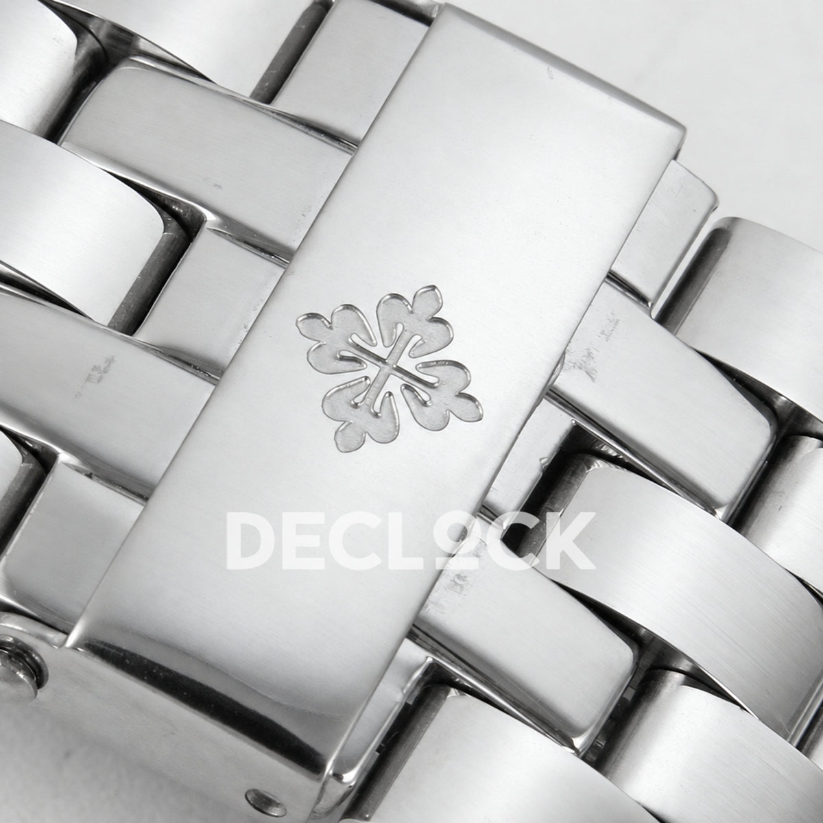 Patek Philippe Celestial 6102 BLSF replica with blue dial and steel bracelet — clasp emblem close-up