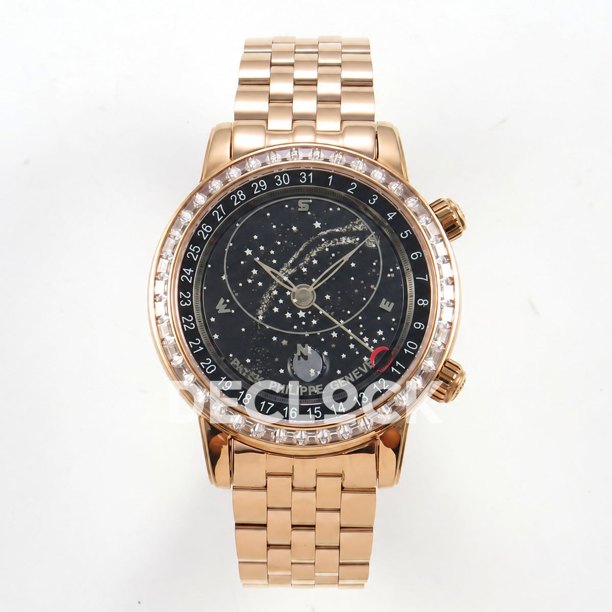 Patek Philippe Celestial 6102 BLSF replica with black dial, gem-set bezel and rose-gold-tone bracelet — full front view