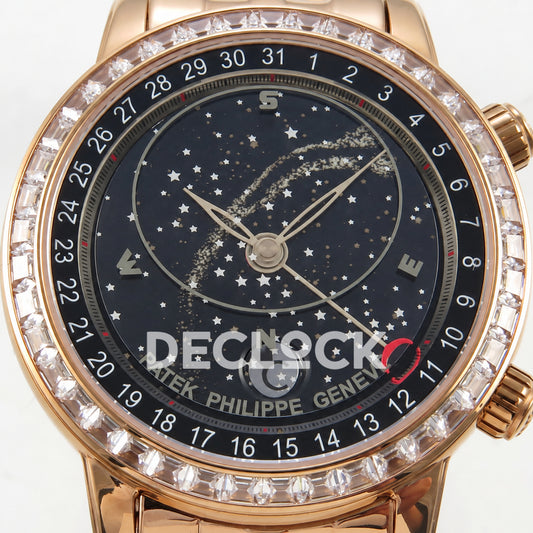 Patek Philippe Celestial 6102 BLSF replica with black dial, gem-set bezel and rose-gold-tone bracelet — front dial close-up