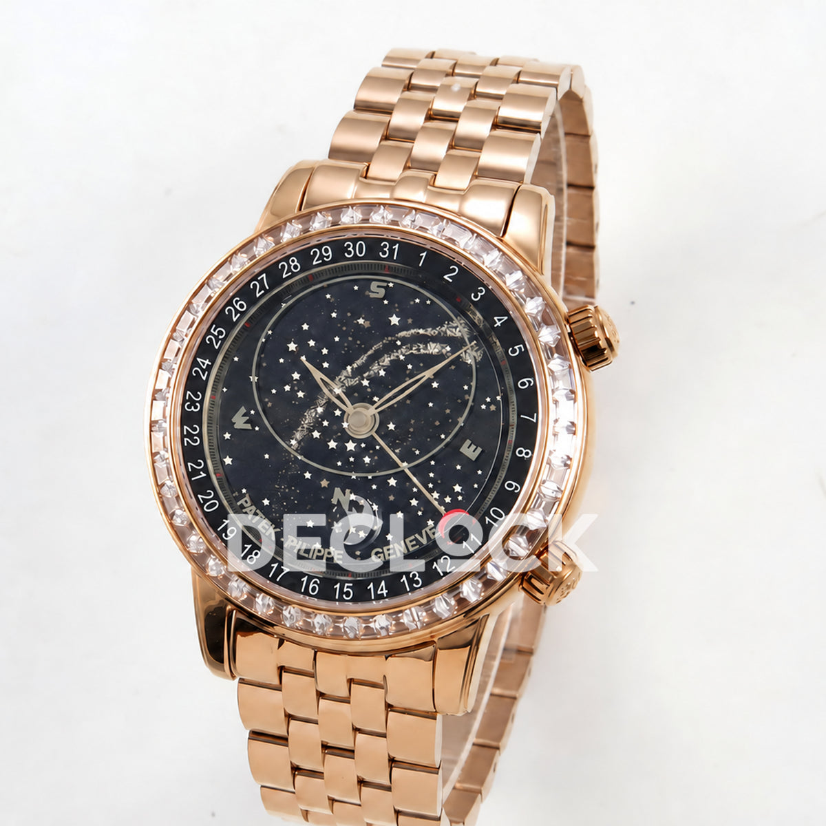 Patek Philippe Celestial 6102 BLSF replica with black dial, gem-set bezel and rose-gold-tone bracelet — angled front view
