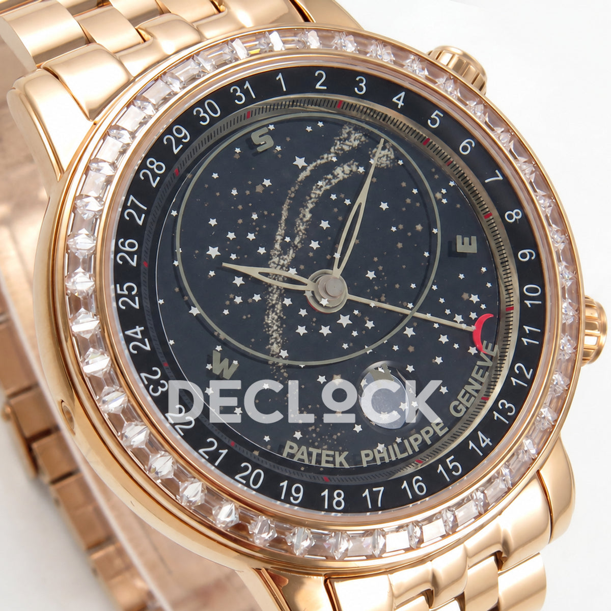 Patek Philippe Celestial 6102 BLSF replica with black dial, gem-set bezel and rose-gold-tone bracelet — dial close-up from above