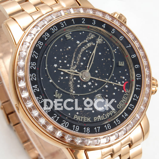 Patek Philippe Celestial 6102 BLSF replica with black dial, gem-set bezel and rose-gold-tone bracelet — dial close-up from above