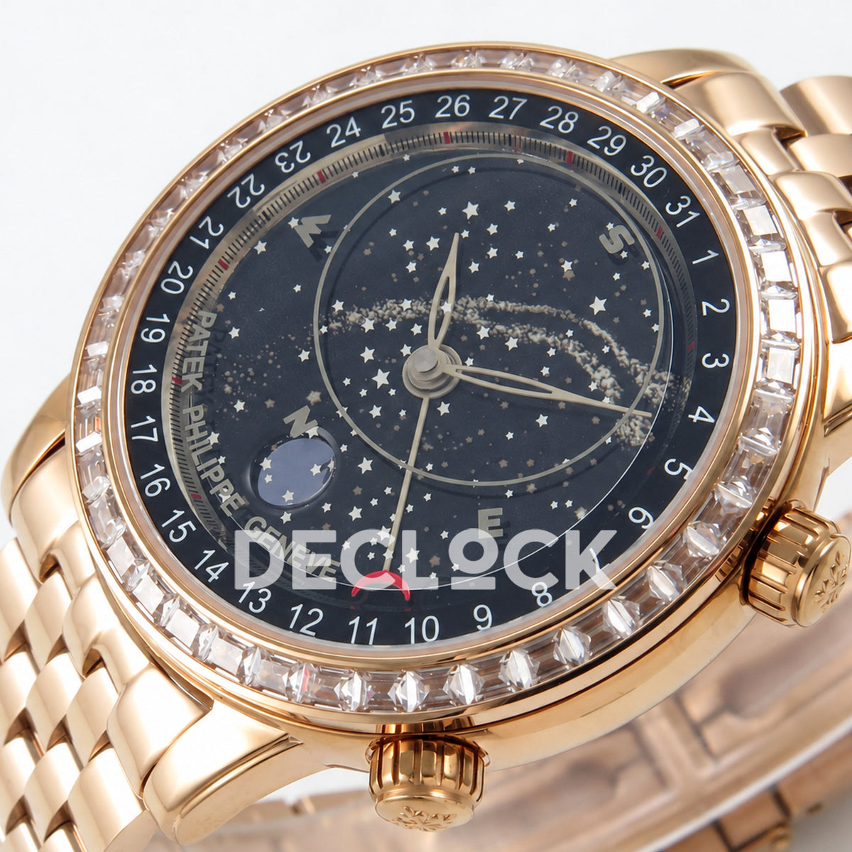 Patek Philippe Celestial 6102 BLSF replica with black dial, gem-set bezel and rose-gold-tone bracelet — low-angle crown-side dial