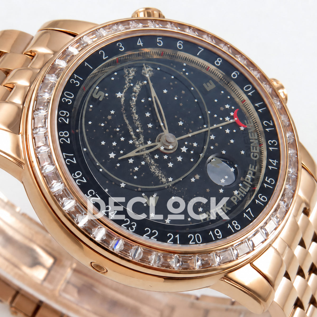 Patek Philippe Celestial 6102 BLSF replica with black dial, gem-set bezel and rose-gold-tone bracelet — opposite low-angle dial