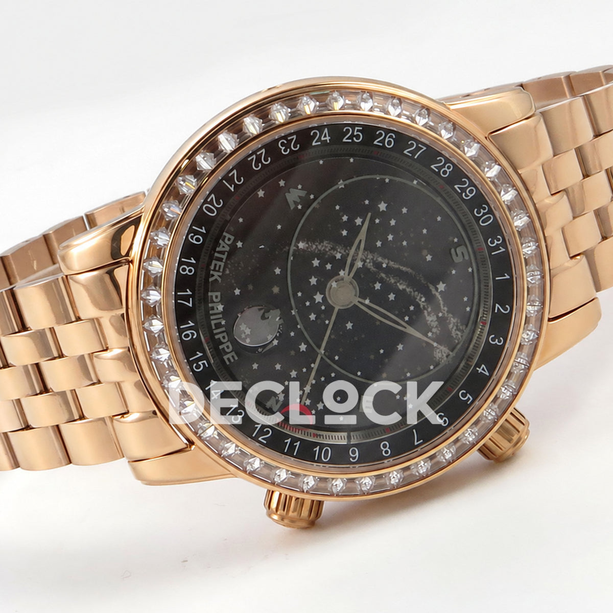 Patek Philippe Celestial 6102 BLSF replica with black dial, gem-set bezel and rose-gold-tone bracelet — horizontal front view