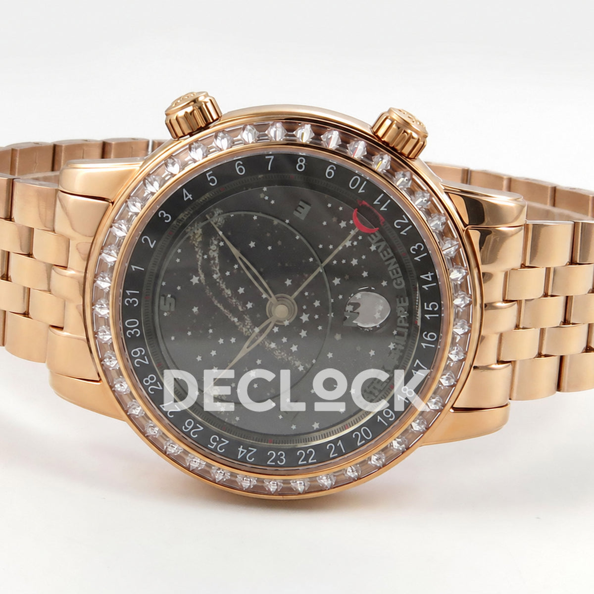 Patek Philippe Celestial 6102 BLSF replica with black dial, gem-set bezel and rose-gold-tone bracelet — opposite horizontal front view