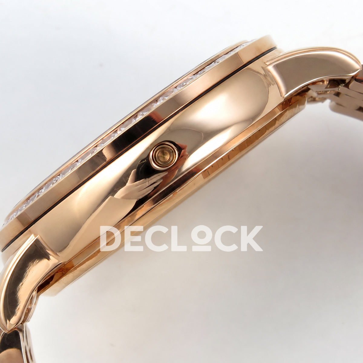 Patek Philippe Celestial 6102 BLSF replica with black dial, gem-set bezel and rose-gold-tone bracelet — case profile with pusher