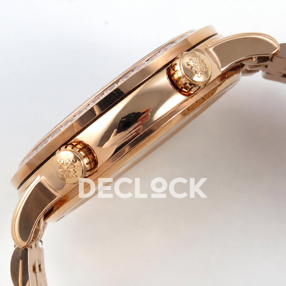 Patek Philippe Celestial 6102 BLSF replica with black dial, gem-set bezel and rose-gold-tone bracelet — dual-crown case profile
