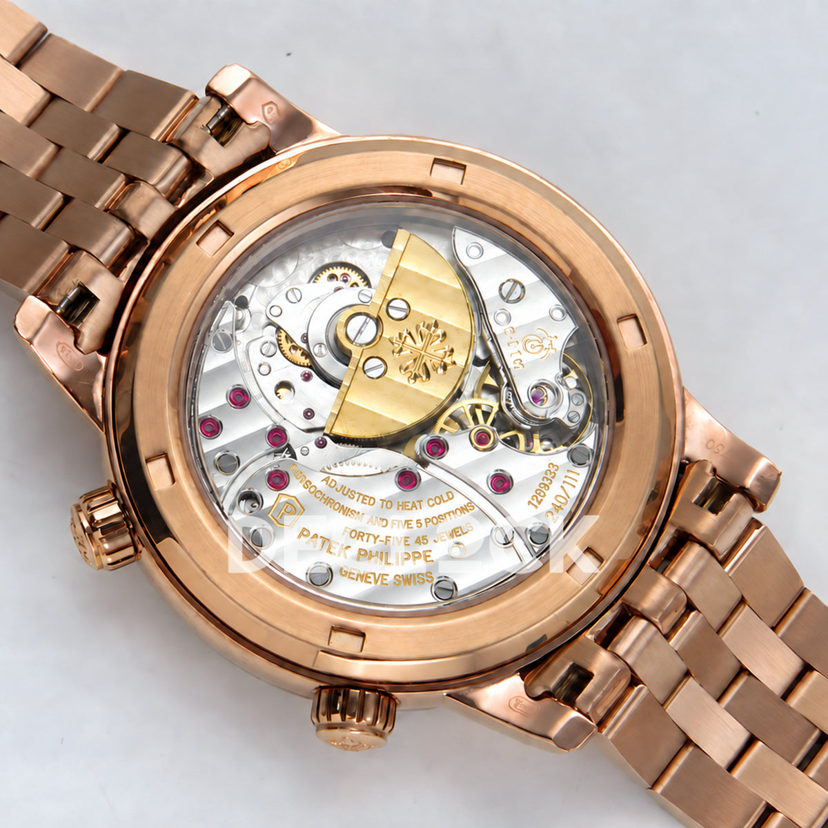 Patek Philippe Celestial 6102 BLSF replica with black dial, gem-set bezel and rose-gold-tone bracelet — transparent caseback
