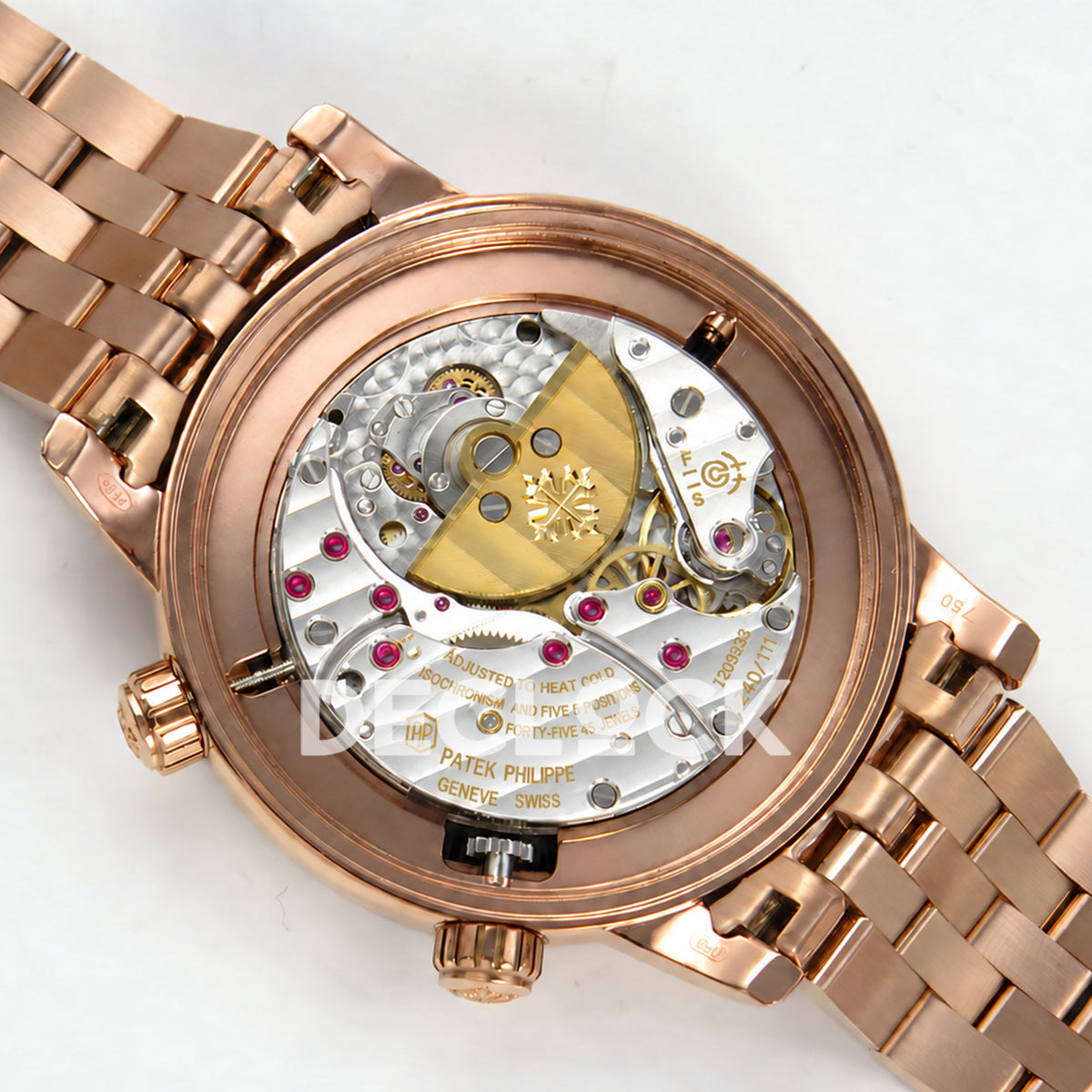 Patek Philippe Celestial 6102 BLSF replica with black dial, gem-set bezel and rose-gold-tone bracelet — open movement with micro rotor