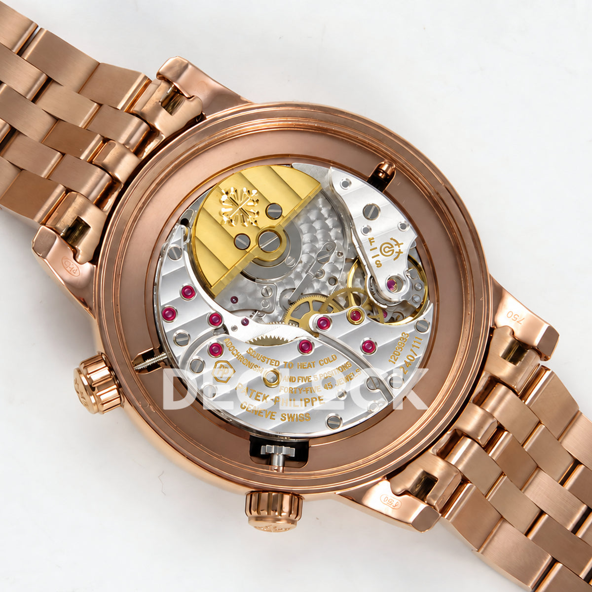 Patek Philippe Celestial 6102 BLSF replica with black dial, gem-set bezel and rose-gold-tone bracelet — angled open movement