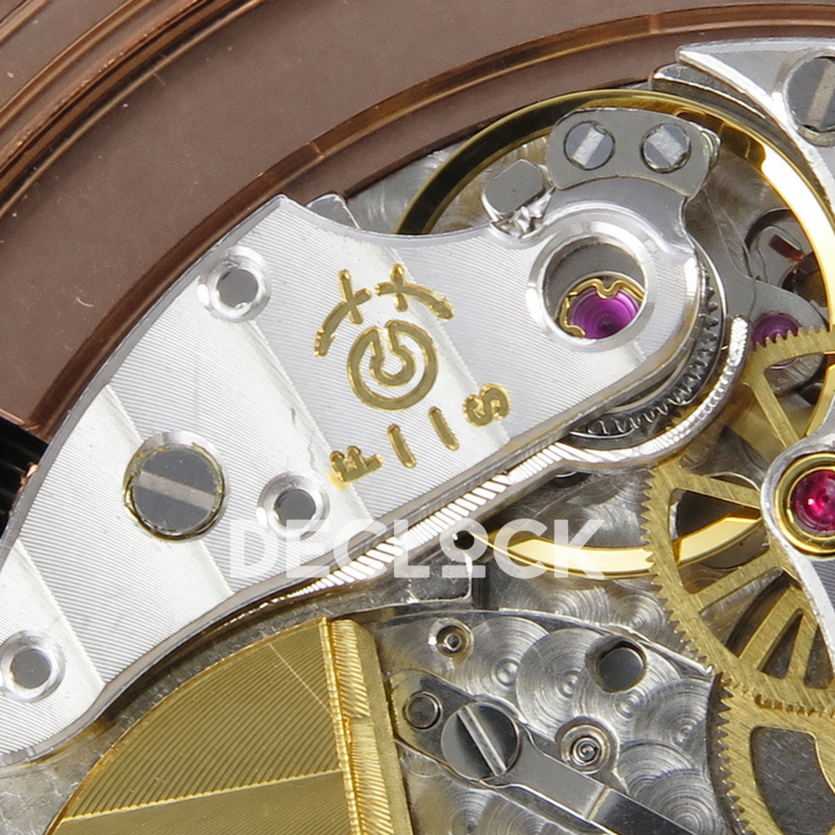 Patek Philippe Celestial 6102 BLSF replica with black dial, gem-set bezel and rose-gold-tone bracelet — balance bridge macro