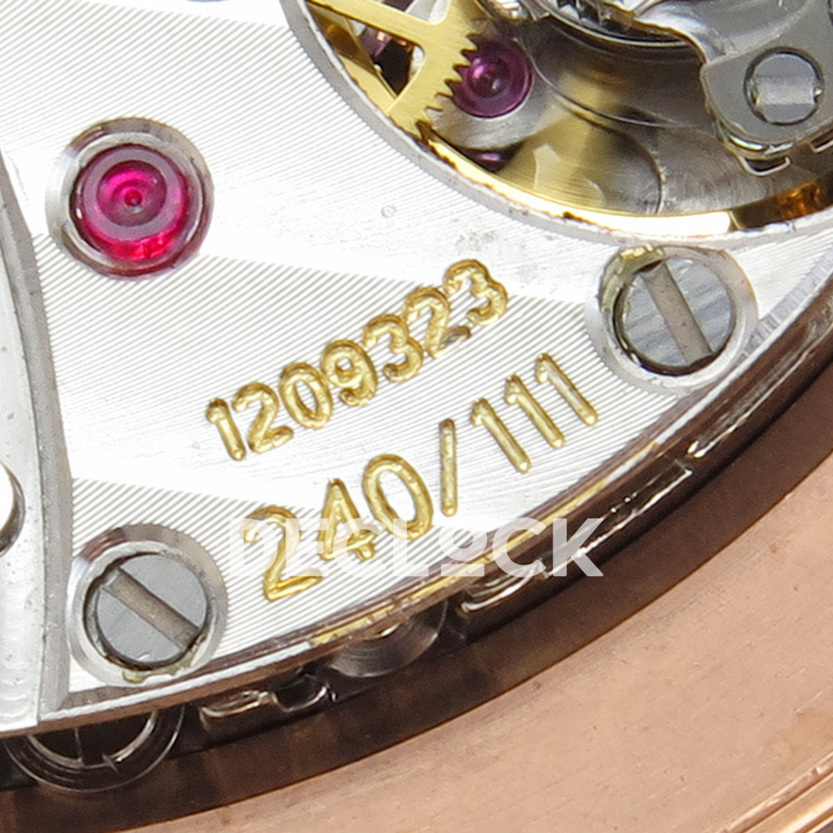 Patek Philippe Celestial 6102 BLSF replica with black dial, gem-set bezel and rose-gold-tone bracelet — calibre engraving macro