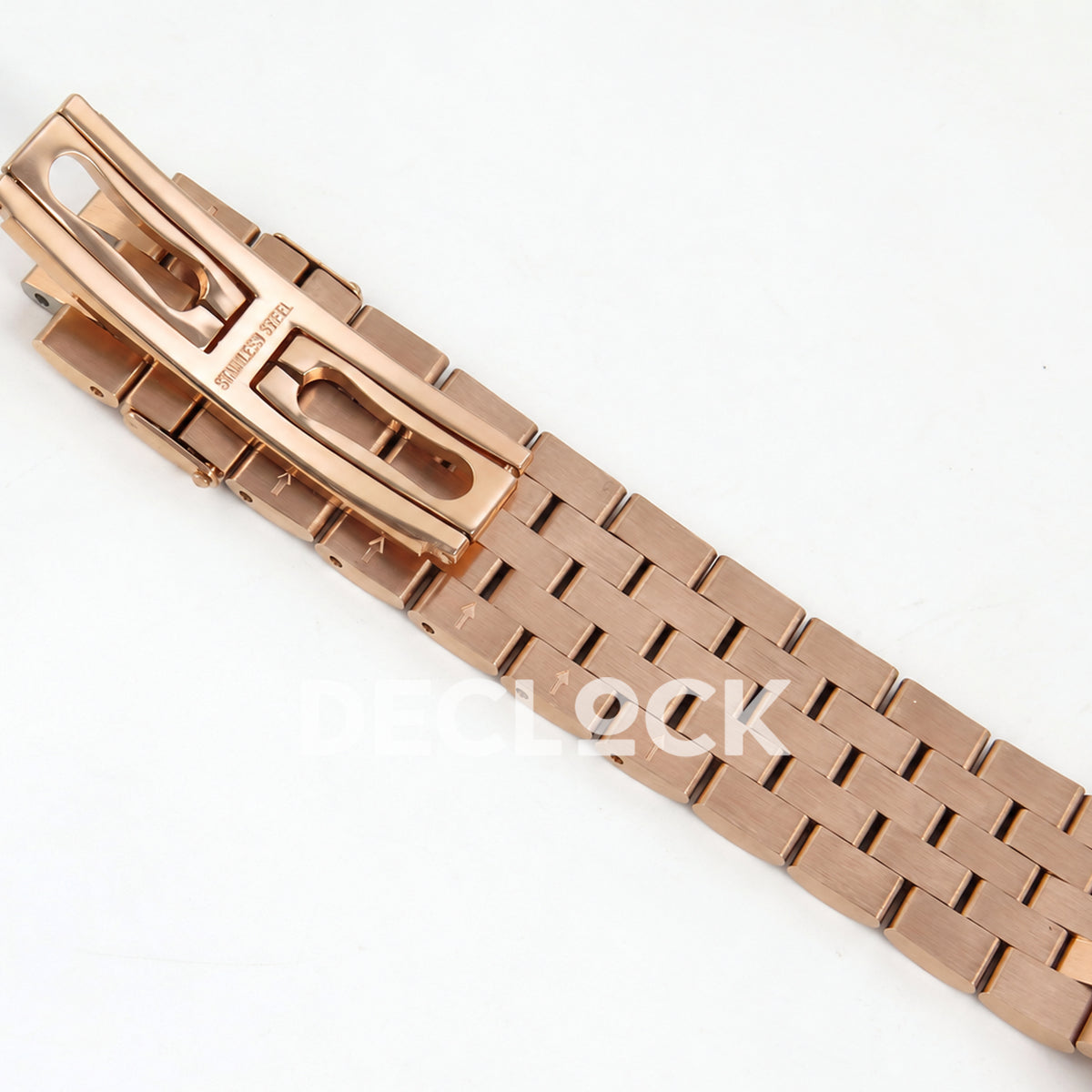 Patek Philippe Celestial 6102 BLSF replica with black dial, gem-set bezel and rose-gold-tone bracelet — bracelet underside