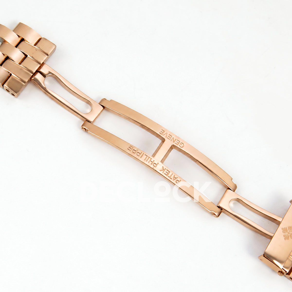 Patek Philippe Celestial 6102 BLSF replica with black dial, gem-set bezel and rose-gold-tone bracelet — open folding clasp