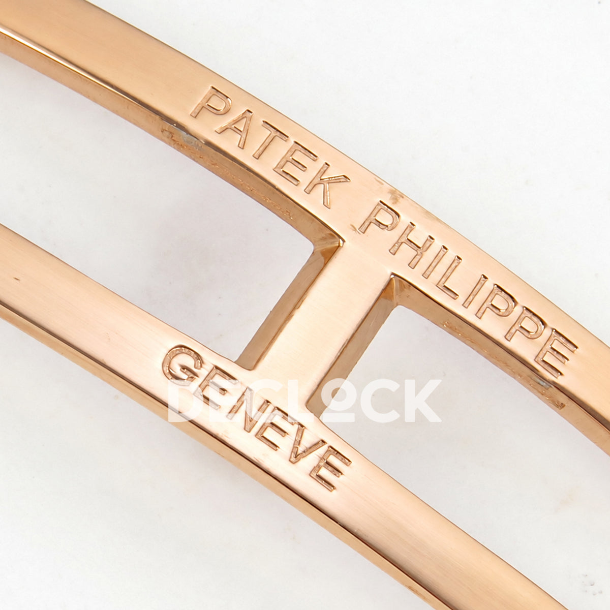 Patek Philippe Celestial 6102 BLSF replica with black dial, gem-set bezel and rose-gold-tone bracelet — clasp brand engraving