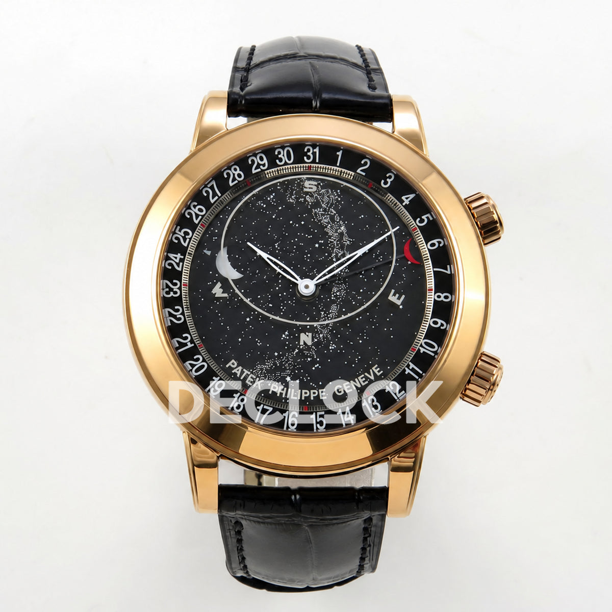 Patek Philippe Celestial 6102R-001 PPF replica with black dial and black leather strap — full front view