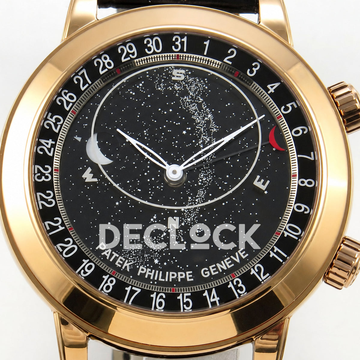 Patek Philippe Celestial 6102R-001 PPF replica with black dial and black leather strap — front dial close-up