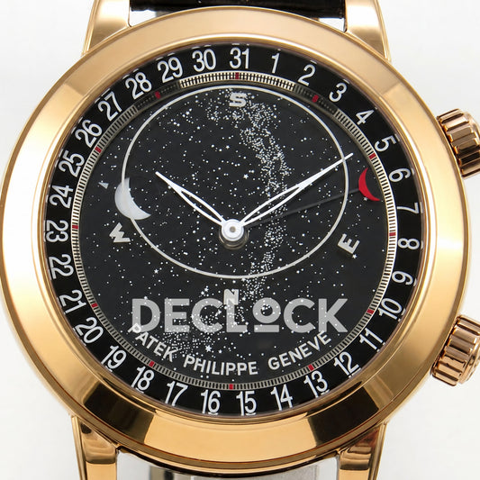 Patek Philippe Celestial 6102R-001 PPF replica with black dial and black leather strap — front dial close-up