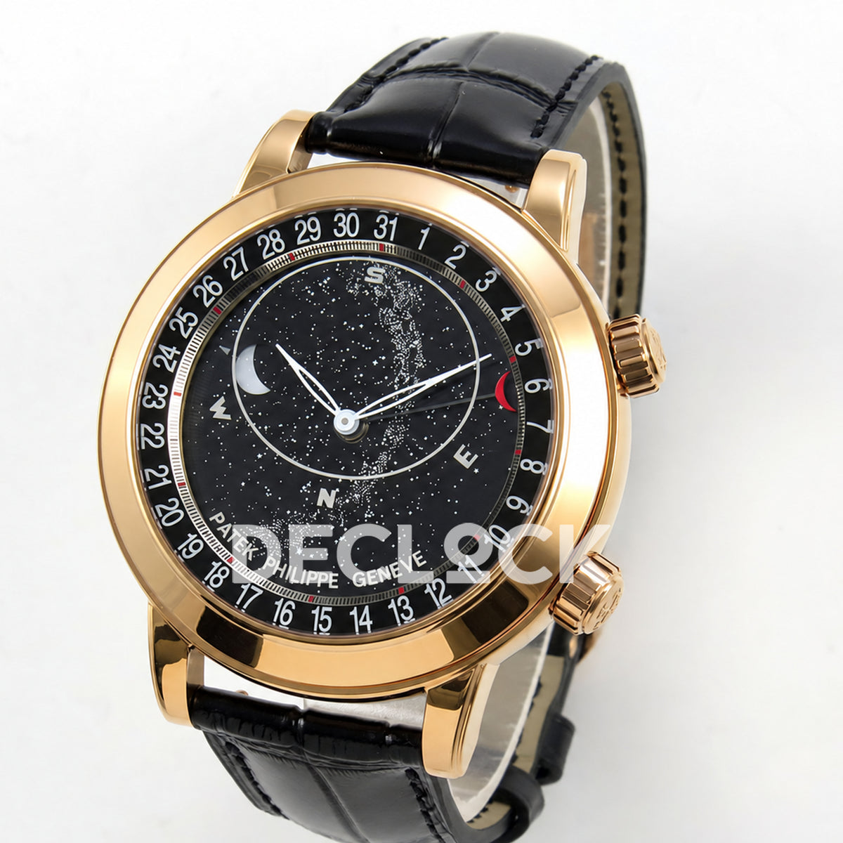 Patek Philippe Celestial 6102R-001 PPF replica with black dial and black leather strap — three-quarter view