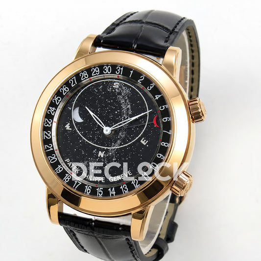 Patek Philippe Celestial 6102R-001 PPF replica with black dial and black leather strap — three-quarter view