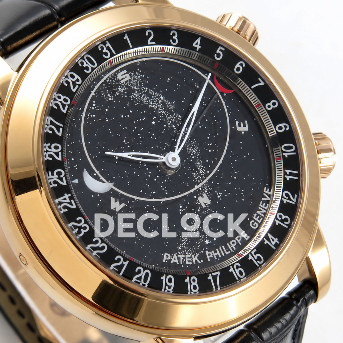 Patek Philippe Celestial 6102R-001 PPF replica with black dial and black leather strap — left dial detail