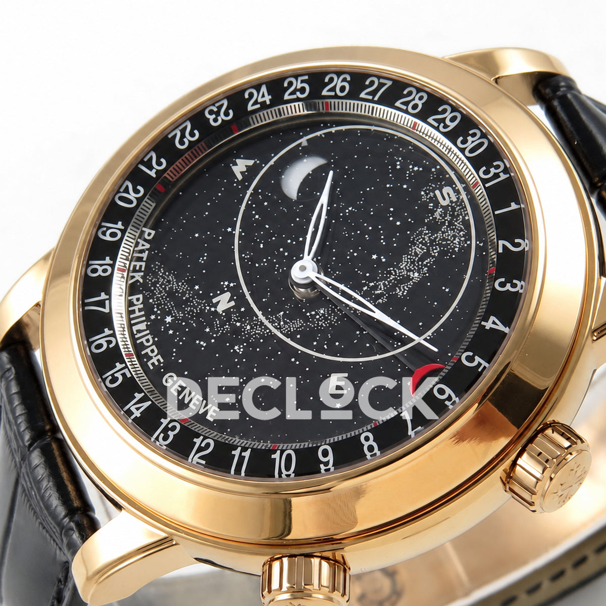 Patek Philippe Celestial 6102R-001 PPF replica with black dial and black leather strap — right dial detail
