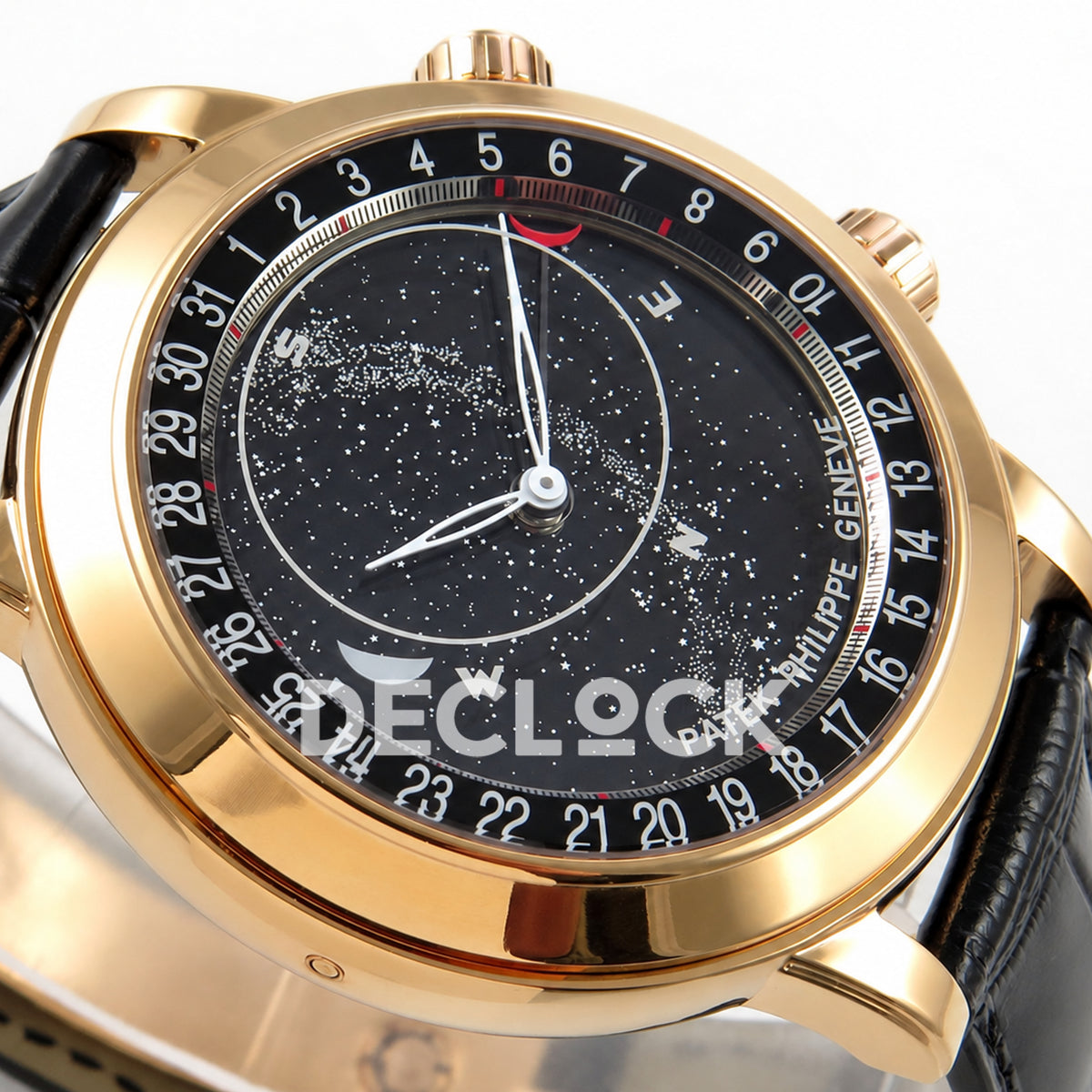 Patek Philippe Celestial 6102R-001 PPF replica with black dial and black leather strap — angled dial detail