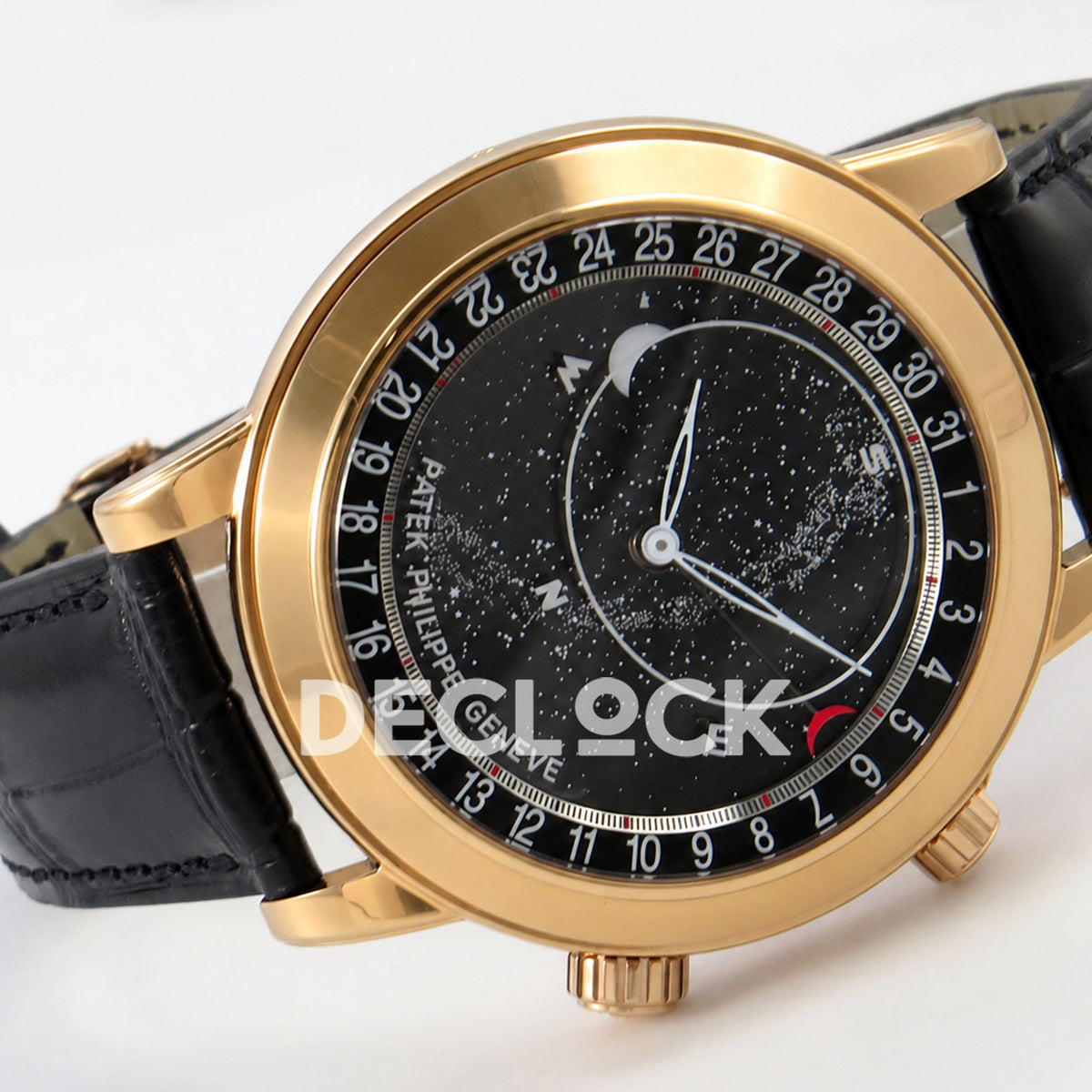 Patek Philippe Celestial 6102R-001 PPF replica with black dial and black leather strap — sideways dial view