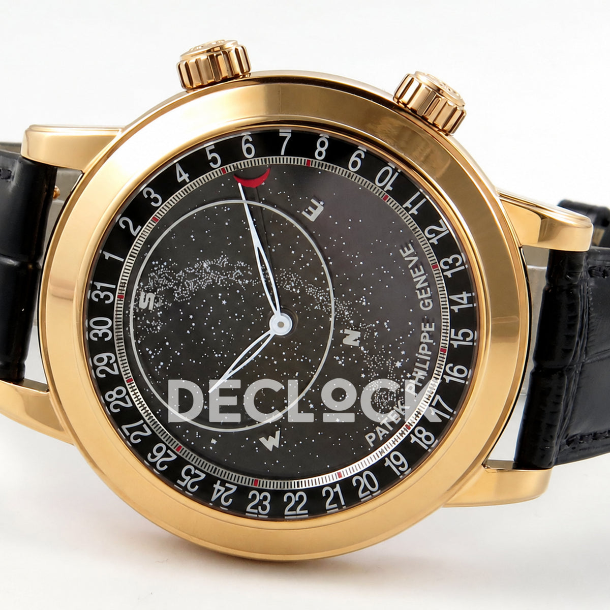 Patek Philippe Celestial 6102R-001 PPF replica with black dial and black leather strap — opposite sideways dial view