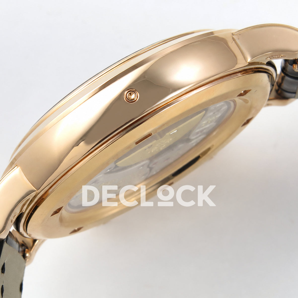 Patek Philippe Celestial 6102R-001 PPF replica with black dial and black leather strap — case profile with pushbutton