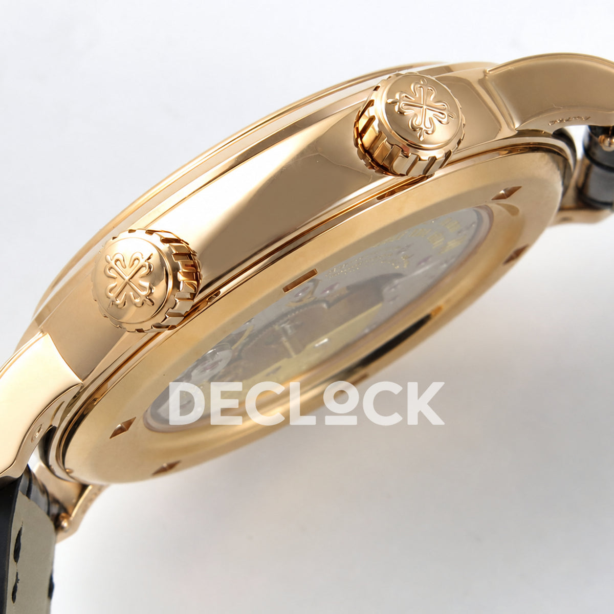 Patek Philippe Celestial 6102R-001 PPF replica with black dial and black leather strap — case profile with crowns