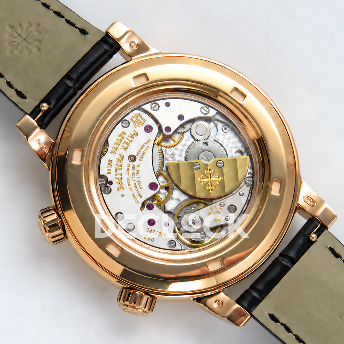 Patek Philippe Celestial 6102R-001 PPF replica with black dial and black leather strap — caseback and micro-rotor