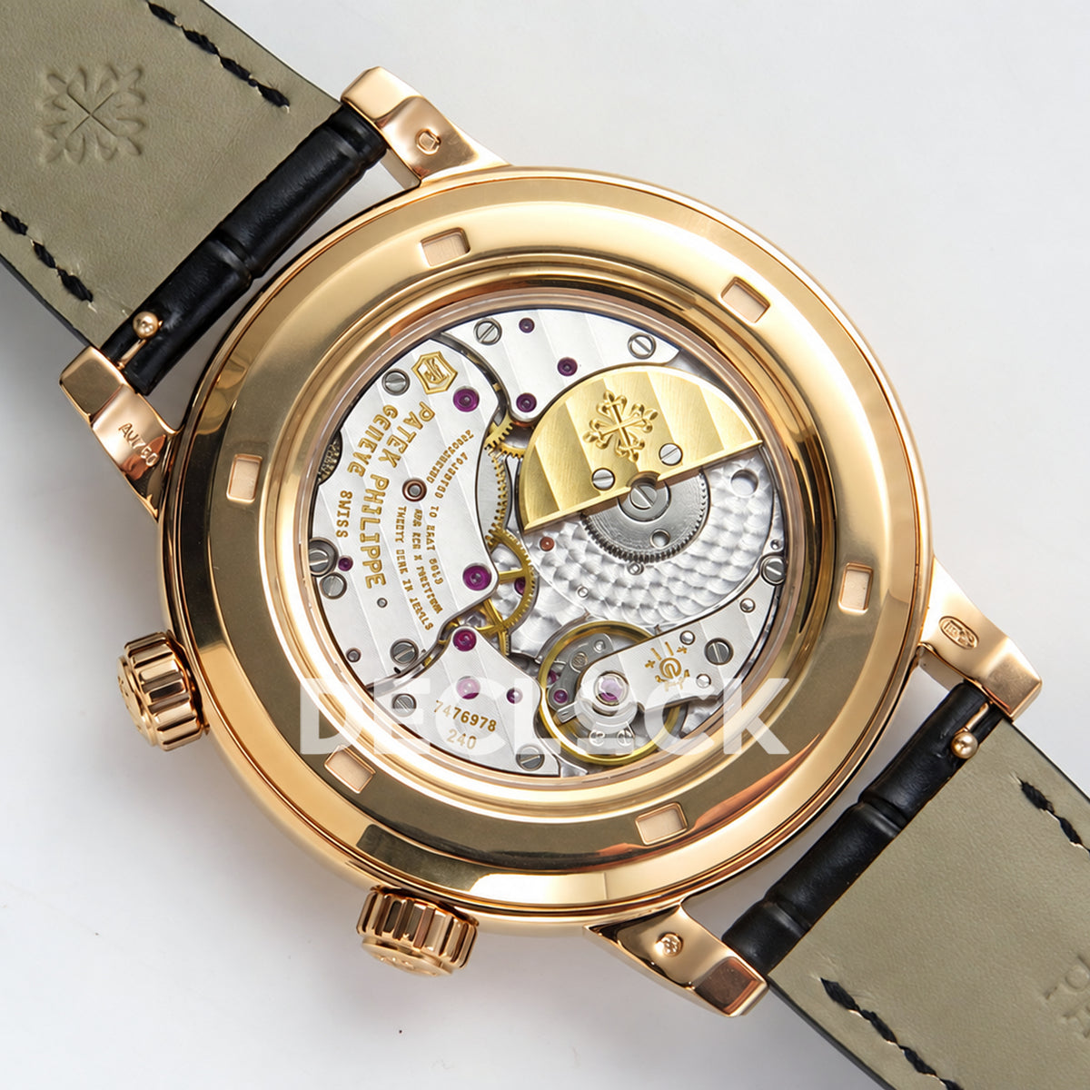 Patek Philippe Celestial 6102R-001 PPF replica with black dial and black leather strap — caseback with rotor turned